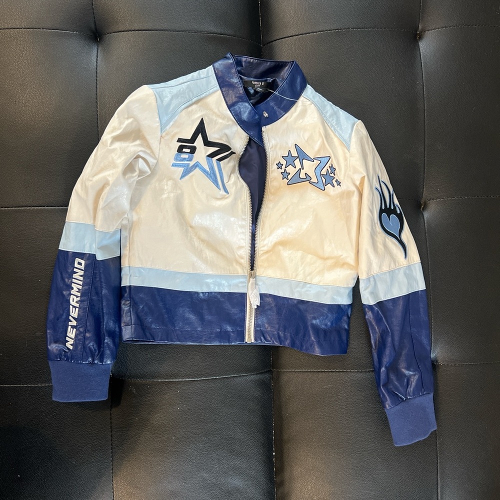 Forever 21 Kids Blue and White Star leather Jacket